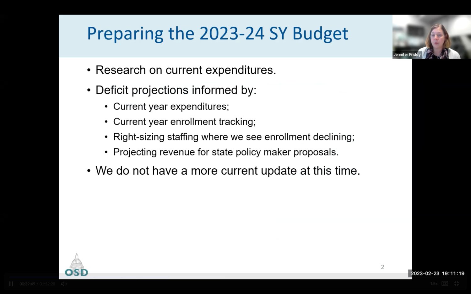 Assistant Superintendent Jennifer Priddy shared the current progress in planning the 2023-2024 budget during Olympia School District’s (OSD) regular meeting last February 23.